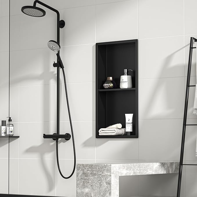 Stainless Steel Shower Niche 24" X 12" Matte Black No Tile Needed Vertical Niche Shower with Two- Tier Shelves Recessed Wall Niches for Bathroom Storage Over Mount Installation