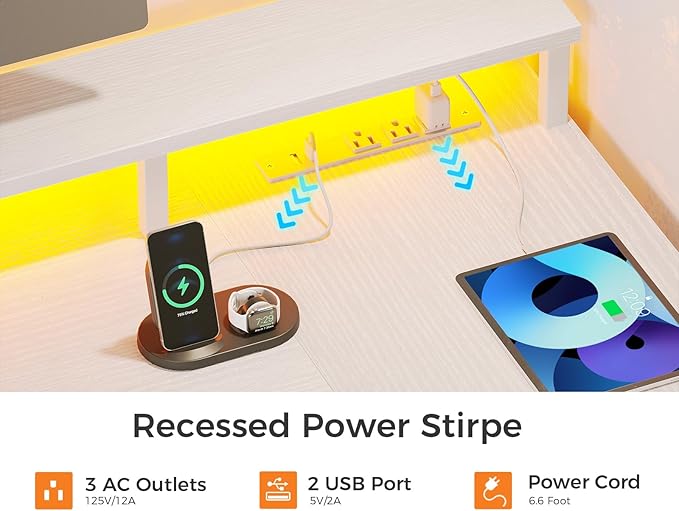 ODK L Shaped Desk with File Drawer, 66" Reversible L Shaped Computer Desk with Power Outlet & LED Strip, Home Office Desk with Storage Shelves, Gaming Desk with Monitor Shelf, Corner Desk, White