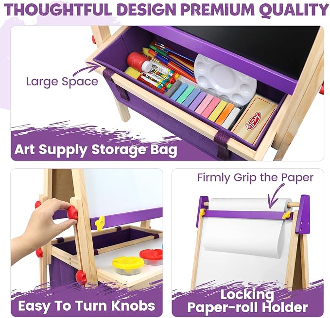 Easel for Kids, Adjustable Standing Art Easel with Magnetic Chalkboard & Whiteboard, Dry-Erase Board, Paper Roll, Drawing & Painting Easel for Kids Ages 3 4-8 9-12, Purple w/Bag