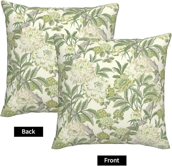 French Country Green Floral Throw Pillow Covers 18x18 Inch Set of 2 Spring Summer Chinoiserie Vintage Flower Pillow Case Farmhouse Decor Cushion Cover of Sofa Living Room Bedroom