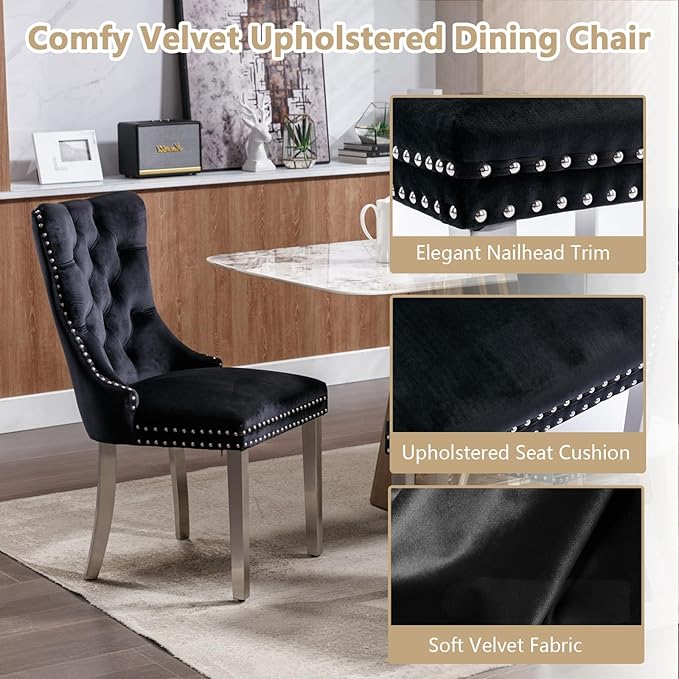Goujxcy 5 Piece Round Glass Dining Table Set for 4, 47" Round Dining Table & Chair Set Modern Circle Glass Kitchen Table and 4 Velvet Upholstered Chairs for Kitchen Dining (Silver Table & Black Chair)