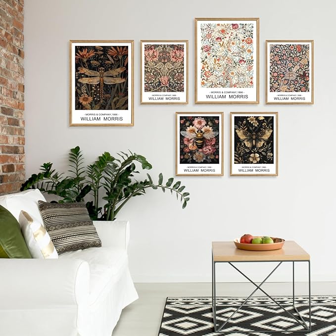 Cyebmo William Morris Wall Art, Vintage Floral Wall Decor, Dark Botanical Art Prints, Butterfly Bee Dragonfly Nature Artwork for Living Room Bedroom Bathroom Wood Framed Ready to Hang 16"x24"x3