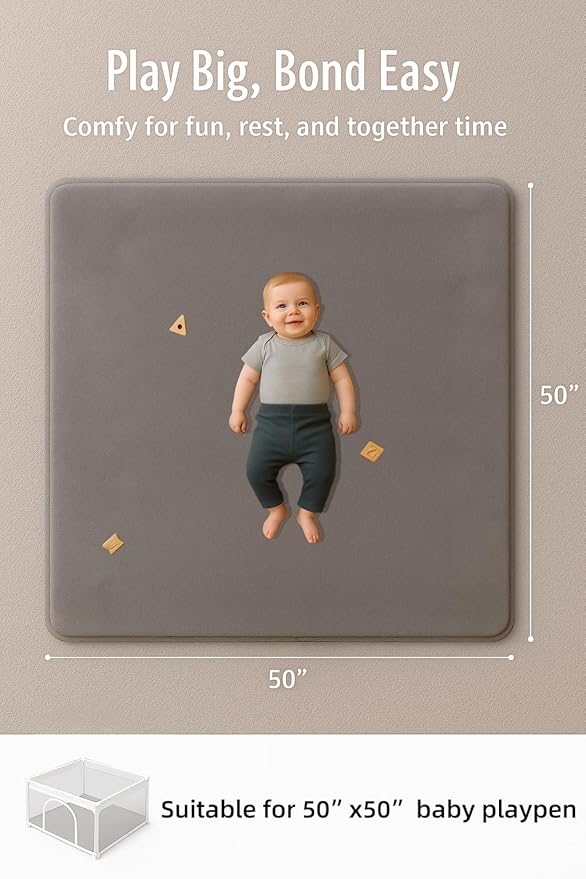 50X 50 Thick Padded Baby Floor Play Mat 1.2" Cushioned Velvet Surface Non Slip Bottom High Density Foam Safe and Soft Floor Mat for Infants Toddlers and Playpen Use,Gray
