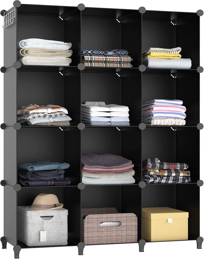 HOMIDEC Closet Organizers and Storage, 12 Cube Storage Organizer, Portable Closet Organization Clothes Shelves for Kids, Closet, Bedroom, Bathroom, Office, Black