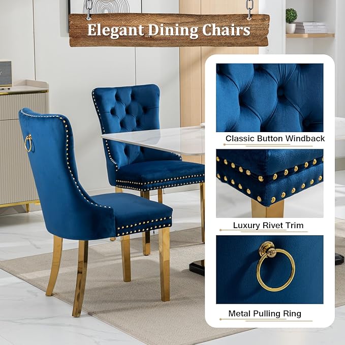 70" Modern Gold Glass Dining Table Set for 4, 5-Piece Rectangle Kitchen Dining Room Table Set with Steel Base & 4 Blue Velvet Upholstered Chairs, Modern Glass Kitchen Table and Chairs Set of 4