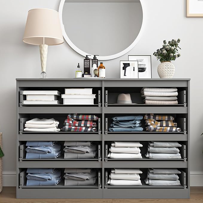 Grey Dresser for Bedroom,Modern Large 8 Drawer Dresser with Deep Drawer,Wide Storage Chest of Drawer,Wood Bedroom Storage Organizer Furniture,TV Stand for Living Room