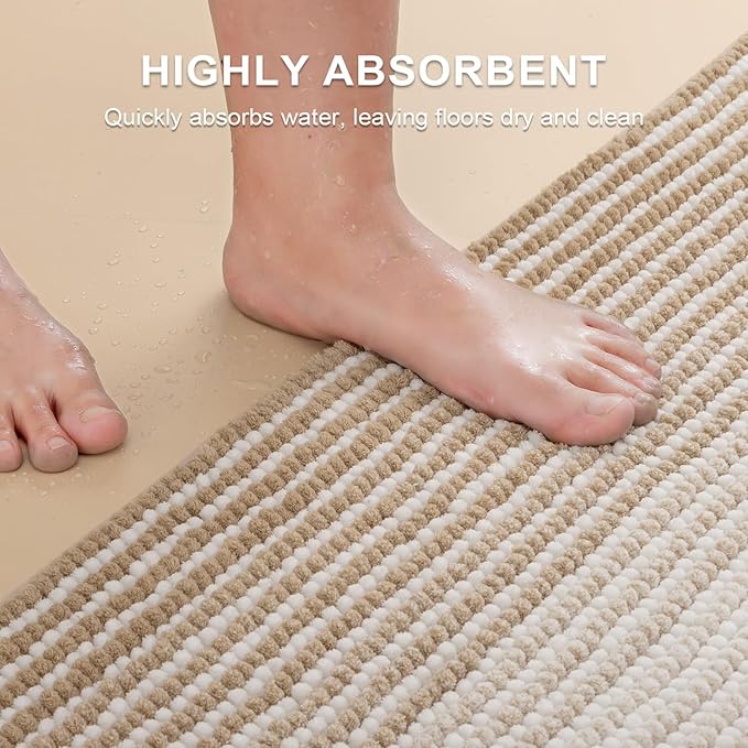 BSICPRO Bathroom Rugs and Mats Sets, 2 Piece Thick Absorbent Chenille Bath Mat Rug Set Non Slip, Soft Shaggy Bath Room Floor Mats for Bathroom, Machine Washable (Beige, 20" x 47" Plus 20" x 32")