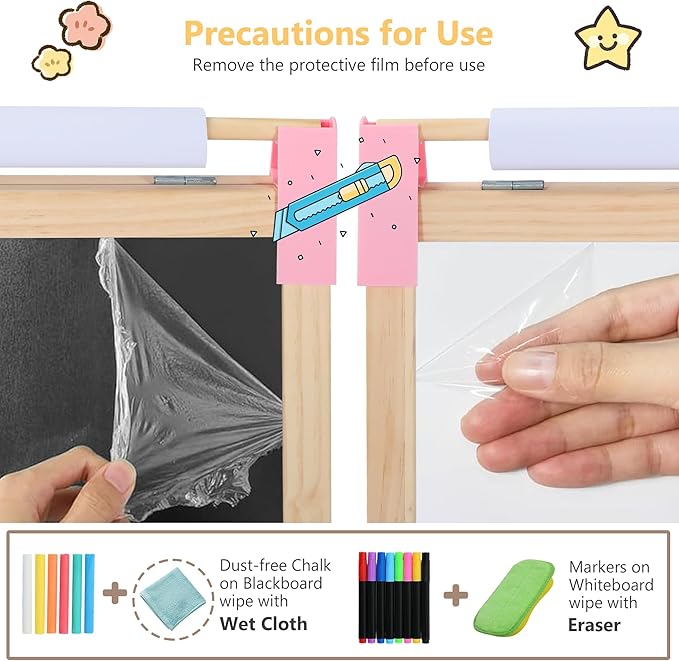 Kinder King Wooden Kids Easel, 3 in 1 Adjustable Art Easel for Kids, Double-Sided Magnetic Whiteboard & Chalkboard, Paper Roller, Art Supplies, Coloring Drawing Easel Toddler Gift Ages 3+, Pink