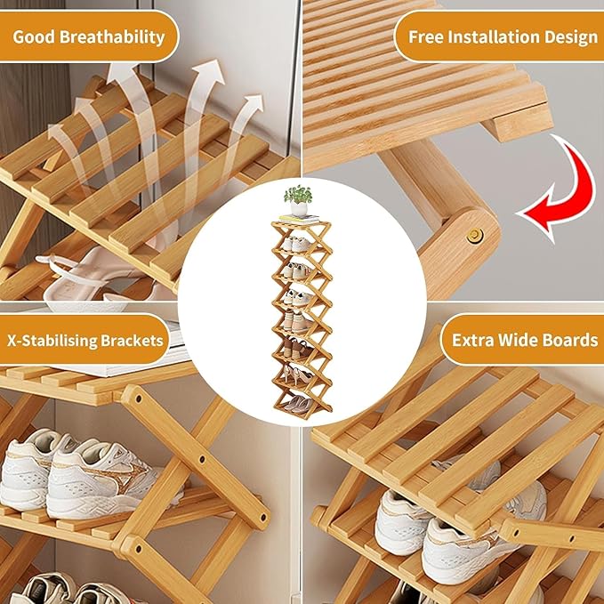YYW Bamboo Shoe Rack for Entryway,Installation-Free and Foldable Vertical Shoe Storage Organizer,Free Standing Shoe Racks Shelf Closet Shoe Organizer for Living Room (Tawny-5 Layers)