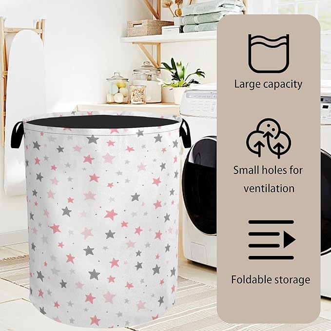 Cute Pink Stars Foldable Canvas Laundry Basket with Handles - Toy Organizer, Heavy Duty for Home,Bedroom, Dorm, Bathroom