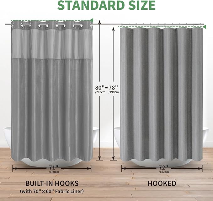 Long No Hook Shower Curtain with Snap-in Fabric Liner Set,Grey Waffle Weave Shower Curtains for Bathroom,Hotel Luxury Decor Bathroom Curtain Set,Waterproof & Washable,71Wx80H