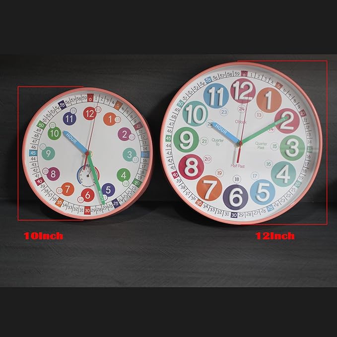 Learning Time Clock for Kids,12 Inch 3D Numbers Colorful Clock Face Silent Clocks,Bedroom,Kitchen,Classroom,Décor at School, Clear Digital Wall Clock for Kids Room(3D Peach Pink Luminous)