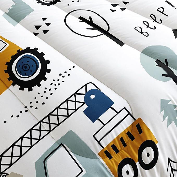 Kids Cartoon Excavator Bedding Set - Construction Truck Bulldozer Tree Pattern Comforter Set with 2 Pillowcases and 1 Comforter (Queen Size)