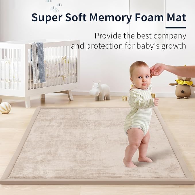 ACOMOPACK Baby Play Mat for Floor 1.3" Thick Memory Foam Play Mat 79"×157 Tummy Time Crawling with Non-Slip Bottom for Living Room,Nursery,Soft Velvet Playpen Mats for Kids,Infants(Beige)