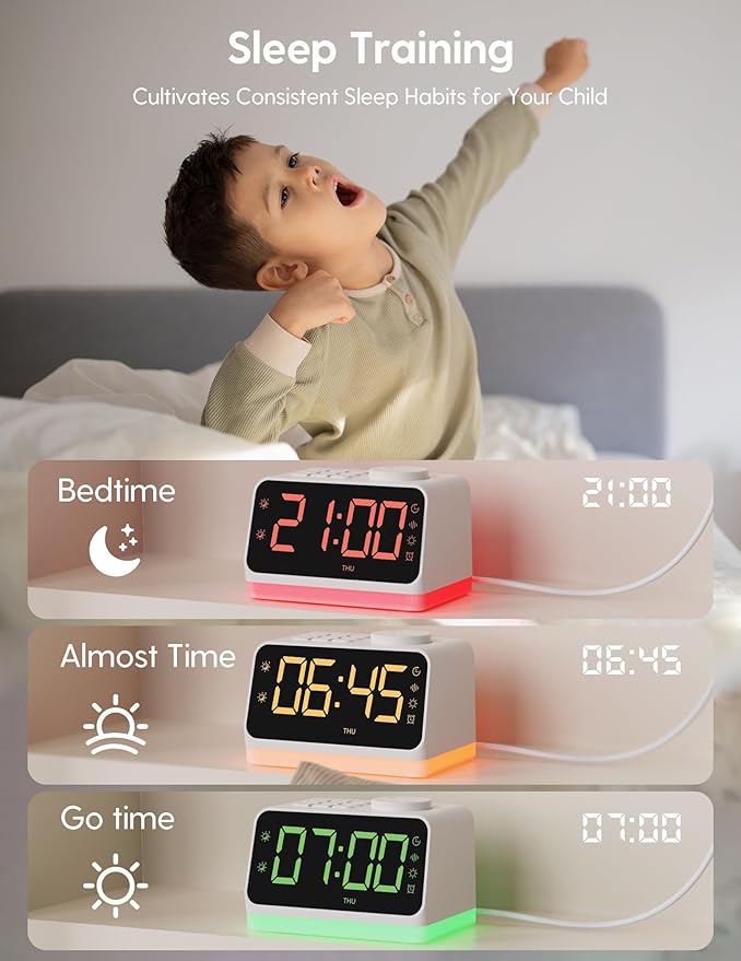 BABELIO Alarm Clock Sound Machine with Sleep Training, 17 Smoothing Sounds, Night Light, Timer, Gentle Wake up for Bedrooms, Adults, Kids and Baby