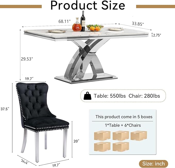 Goujxcy 68" Marble Dining Table Set for 6, Modern Rectangle Dining Room Table Set for 6, Luxury White Silver Marble Kitchen Table and Chairs Set of 6 for Living Room,Kitchen