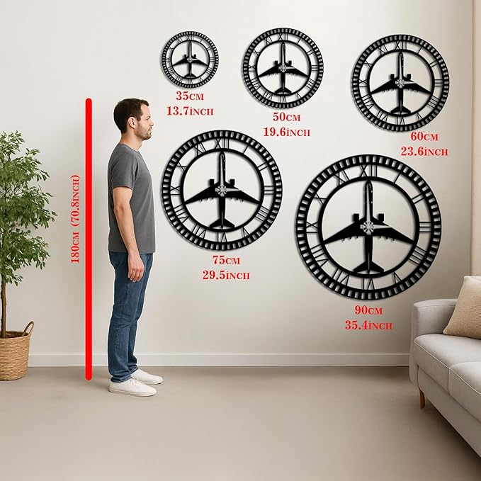 Metal Wall Clock | Airplane Silhouette Design | Roman Numerals | Silent Non-Ticking | Aviation Decor for Pilot, Traveler, Home, Office & Kids Room (29.5"x29.5")