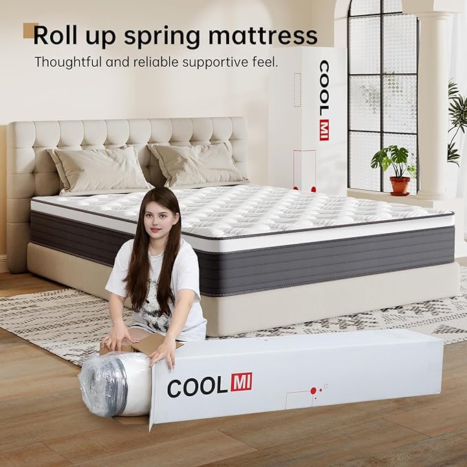 COOLMI 12 Inch Queen Hybrid Mattress, Memory Foam and Independent Spring, Soft and Comfortable Medium Firm Mattress, Pressure Relief, CertiPUR-US Certified
