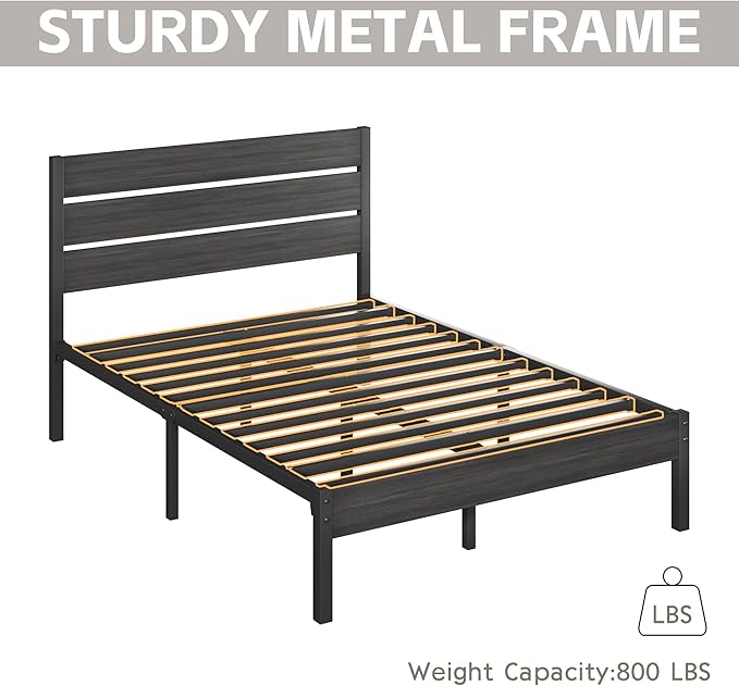 Full Bed Frame with Headboard and Footboard, Metal Platform Bed Frame with Under Bed Storage, All-Metal Support System, No Box Spring Needed, Easy Assembly,Rustic Grey