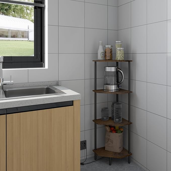 4 Tier Corner Shelf with LED Light,Bookcase for Small Spaces,Display Shelf,Narrow Bookshelf,Plant Stand,Rustic Brown and Black,Suitable for Bedroom,Living Room,Kitchen