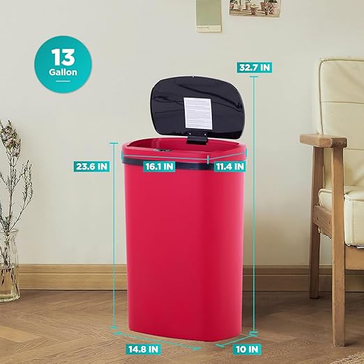PayLessHere 13 Gallon Trash Can Kitchen Trash Can Automatic Garbage Can with Lid Touch Free High-Capacity Motion Sensor for Kitchen Bedroom Bathroom Office Wateproof Trash Bin (3, Red)