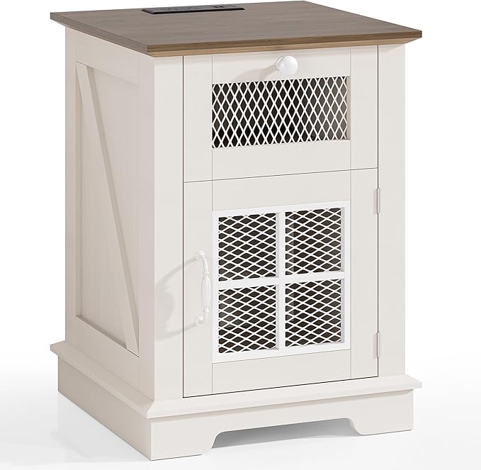 Nightstand with Charging Station, Farmhouse Night Stand with 1 Drawer and 1 Cabinet Magnetic Metal Mesh Barn Door, Rustic Wood Bedside for Bedroom, End Table, White