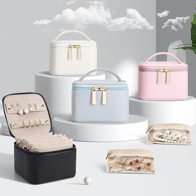 DesignSter Small Jewelry Box, Travel Small Jewelry Organizer with Earring Tray and Ring Holder, Square Travel Jewelry Storage Case with 6 Velvet Jewelry Pouches, Beige