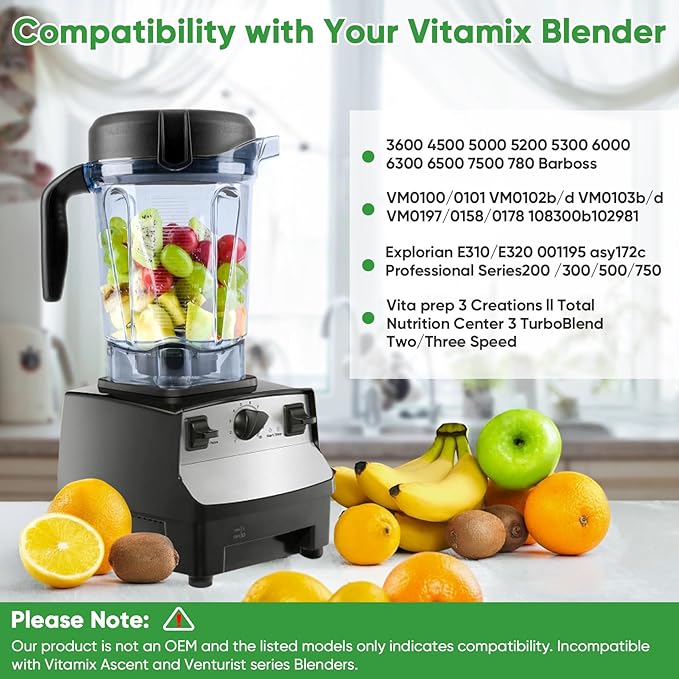 For Vitamix Blender Pitcher 64oz Low-Profile, Replacement Pitcher Container Jar Cup for Vitamix 750, 5200, 5000, 6300, 7500, A3500, Vm0102, Vm0103, Vm0197, E310 Classic/Explorian/Commercial Series