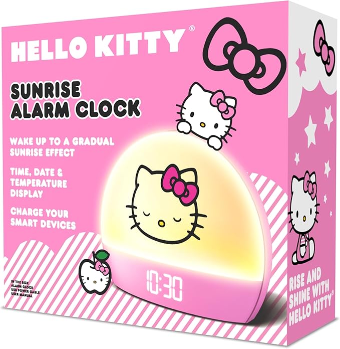 Hello Kitty Sunrise Alarm Clock - Multicolor Lights, USB Charging, LED Display, and Snooze Function Ages, 2 Pack