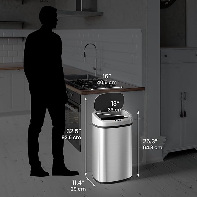 iTouchless SensorCan 13 Gallon Kitchen Trash Can with Lid & Odor Filter – Motion Sensor Stainless Steel Garbage Bin for Home, Office, or Garage – Slim Oval Shape, Large Capacity Design