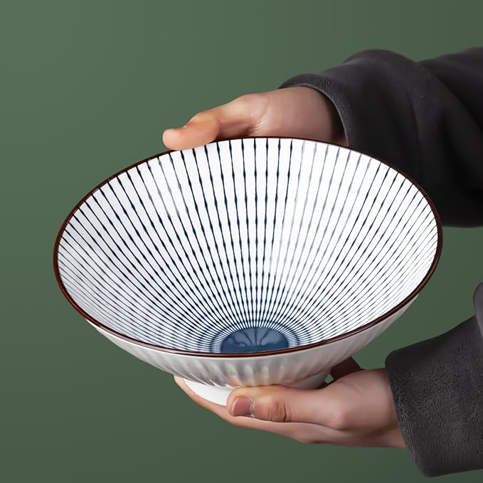 38 oz Japanese Ramen Bowl Set of 6 - Large 8 Inch Ceramic Soup Bowls, Blue and White Japanese Noodle Bowls for Pho, Ramen, and Salad - Striped Patterns