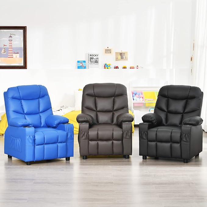 Kids Recliner, Kids Recliner Chair w/ 2 Cup Holders, PU Leather Kids Chairs Compy w/Adjustable Backrest & 3 Pockets, Toddler Furniture Sofa for Boys Girls Aged 3+ (Blue)