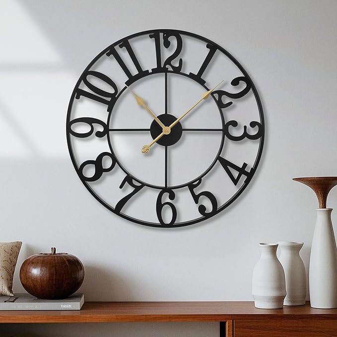 Wall Clock Battery Operated,Silent Non Ticking Modern Rustic Metal Small Clocks for Living Room/Bedroom/Office/Kitchen/Farmhouse Home Decor-14IN(Arabic Number-Black)