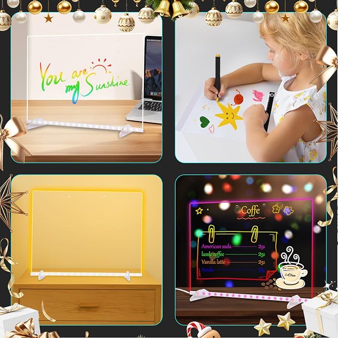 LED Note Board with Colors, 13.7"X10" 4 Modes & 7 Colors Acrylic Dry Erase Board with Light, Include Adapter, Hanging Chain, Led Drawing Board for Kids with Stand, 7 Markers, Spray Bottle 