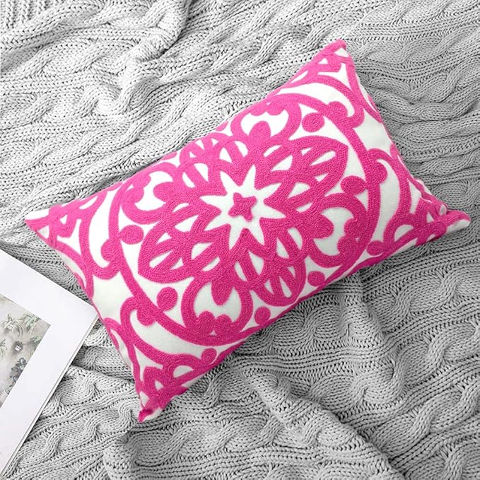 Alysheer Embroidered Lumbar Decorative Throw Pillow Cover 12"x 20", Classic Boho Mandala Embroidery Pattern Cotton Rectangular Cushion Case for Sofa Couch Living Room Bedroom(Bright Hot Pink)