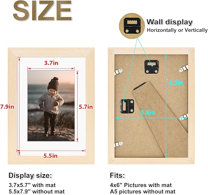 KINLINK A5 Picture Frame, White Oak Solid Wood Frames with Acrylic Plexiglass for Pictures 4x6 with Mat or A5 without Mat, Tabletop and Wall Mounting Display 4 Pack