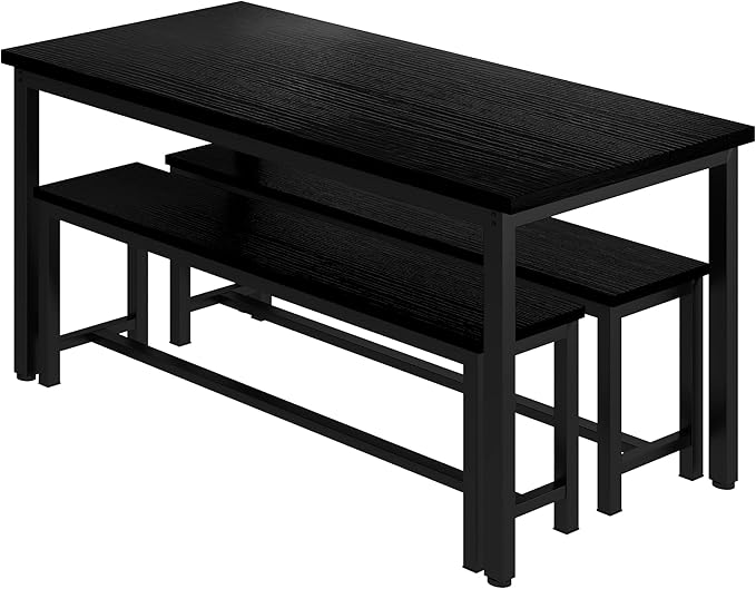 AWQM Dining Table Set with Two Benches, Kitchen Table Set for 4-6 Persons, Kitchen Table of 47.2 x 28.7 x 28.7 Inches, Bench of 41.3 x 11.8 x 17.7 Inches Each, Black