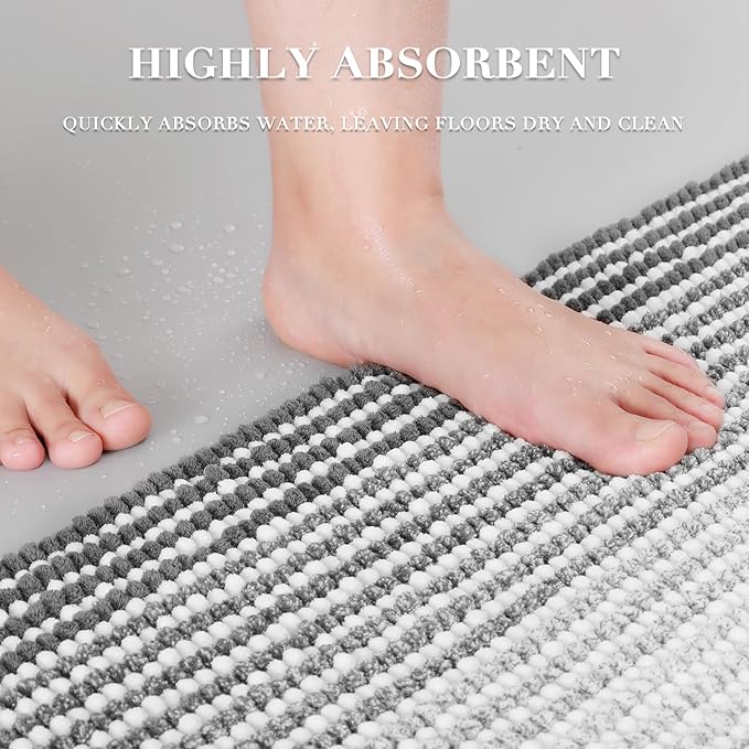BSICPRO Bathroom Rugs and Mats Sets, 2 Piece Thick Absorbent Chenille Bath Mat Rug Set Non Slip, Soft Shaggy Bath Room Floor Mats for Bathroom, Machine Washable (Gray, 24" x 70" Plus 20" x 32")