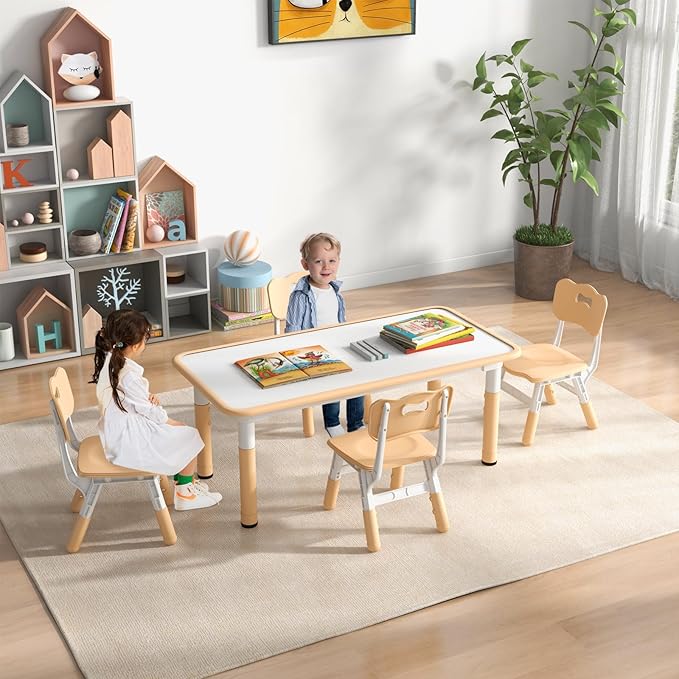 HONEY JOY Kids Table and Chair Set, Height Adjustable Children Activity Table and 4 Chairs Set w/Erasable Graffiti Desktop, Toddler Table and Chair Set for Daycare, Classroom, Home (Natural)