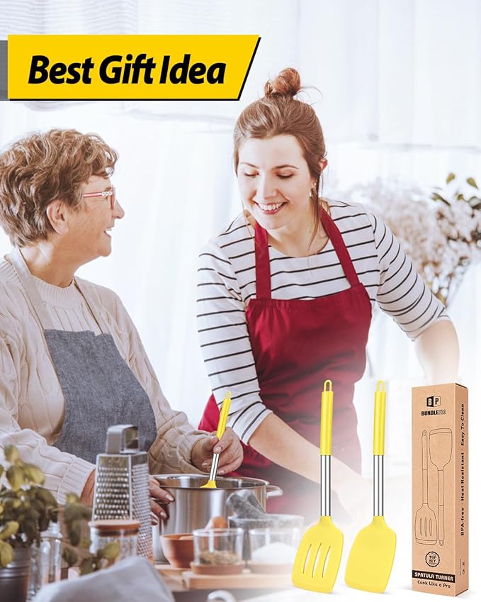 Pack of 2 Silicone Solid Turner, Non Stick Slotted Kitchen Spatulas, High Heat Resistant BPA Free Cooking Utensils, Ideal Cookware for Fish, Eggs, Pancakes(Yellow)