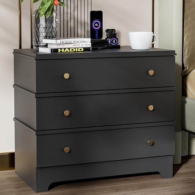 Nightstand with Charging Station, 28" Farmhouse Night Stand & Modern 3 Drawers Dresser for Bedroom,Wood End Table Storage Cabinet for Bedroom Hallway, Entryway, Home Office, Black