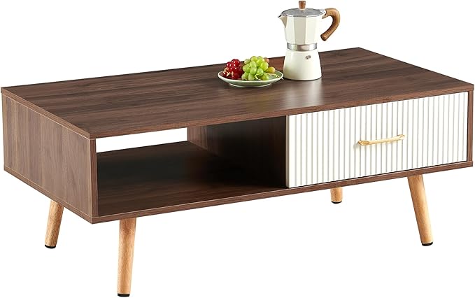 Mid Century Wooden Coffee Table with Stripe Drawer,Modern 41" Large Center Table with Storage,Rectangular Walnut Wood Coffee Tables for Living Room, 2-Tier Cocktail Table, Solid Wood Legs