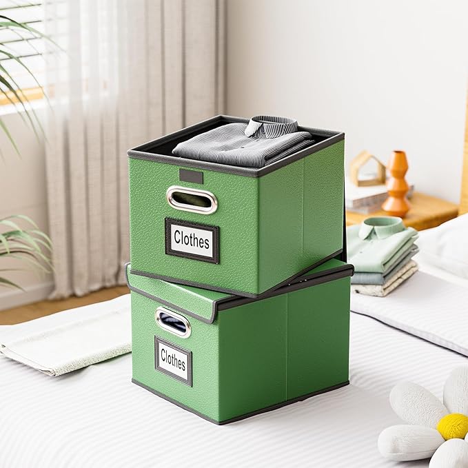 Huolewa File Organizer Box with Lid, Collapsible Faux Leather Document Organizer, Hanging File Folder Box with Plastic Slide, Decorative Filing Boxes Cabinet for File and Folders Storage(Green)