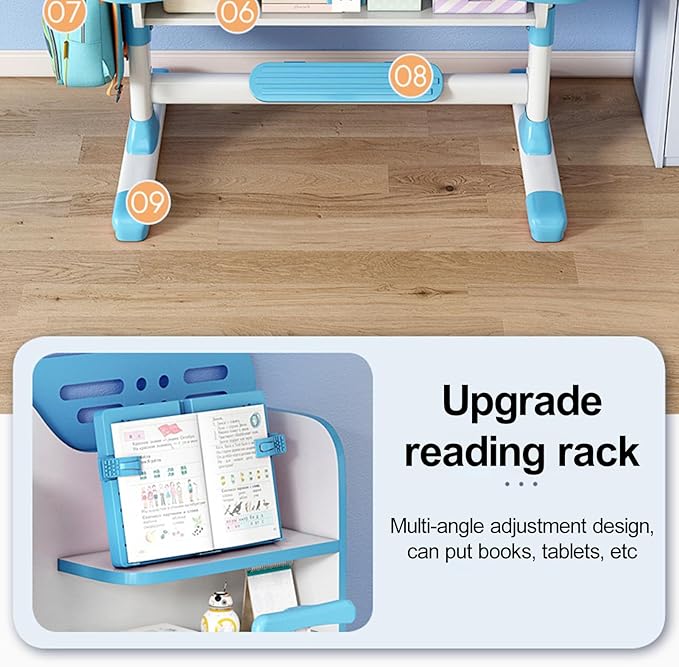 Kids Desk and Chair Set, Height Adjustable Child's School Study Writing Tables, Kids Desk with Bookstand and Storage Drawer, Widened Desktop with Desktop for Boys and Girls Blue