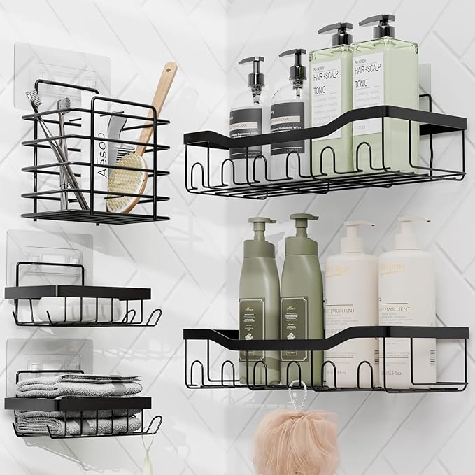 Bathroom Accessories Set with Shower Caddy and Bath Rugs 27PC Bathroom Accessory Set with Shower Caddies Black Bath Rugs, Shower Curtain Set, Toilet Brush, Trash Can, Soap Dispenser, Toothbrush holder