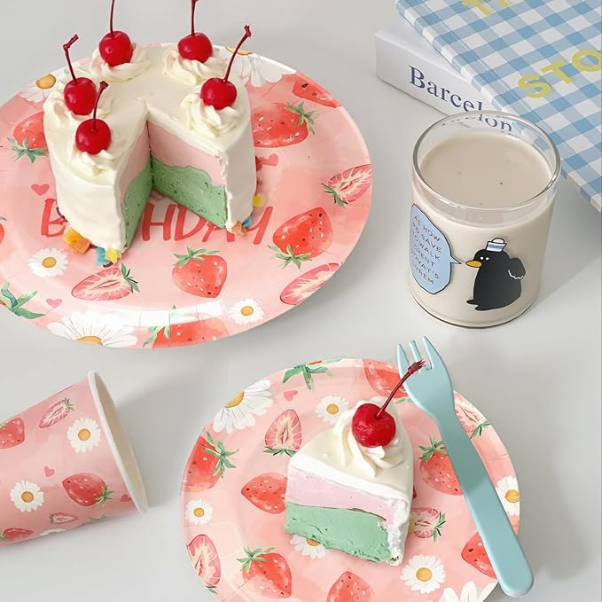 96pcs Kids Birthday Party Disposable Tableware Set Pink Strawberry Pattern for 24 Guests Party Supplies Round Plates(Include Plates, Cups and Napkins)