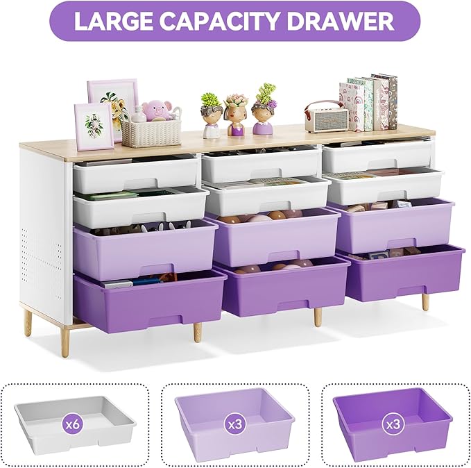 Storage Cabinet with 12 Drawers, Home Storage With Wooden Tabletop, Cube Storage Organizer for Living Room, Bedroom, Classroom, Office, Playroom, Craft Room, (Purple)