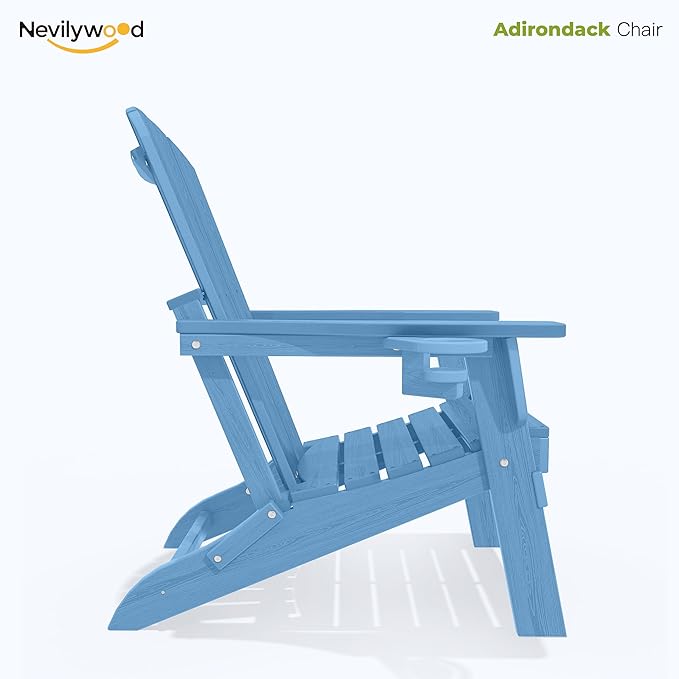 nevilywood Folding Adirondack Chair with Cup Holder Set of 2,All-Weather Adirondack Chair,Patio Chair,HDPE-Wooden Textured Lawn Chair- Light Blue