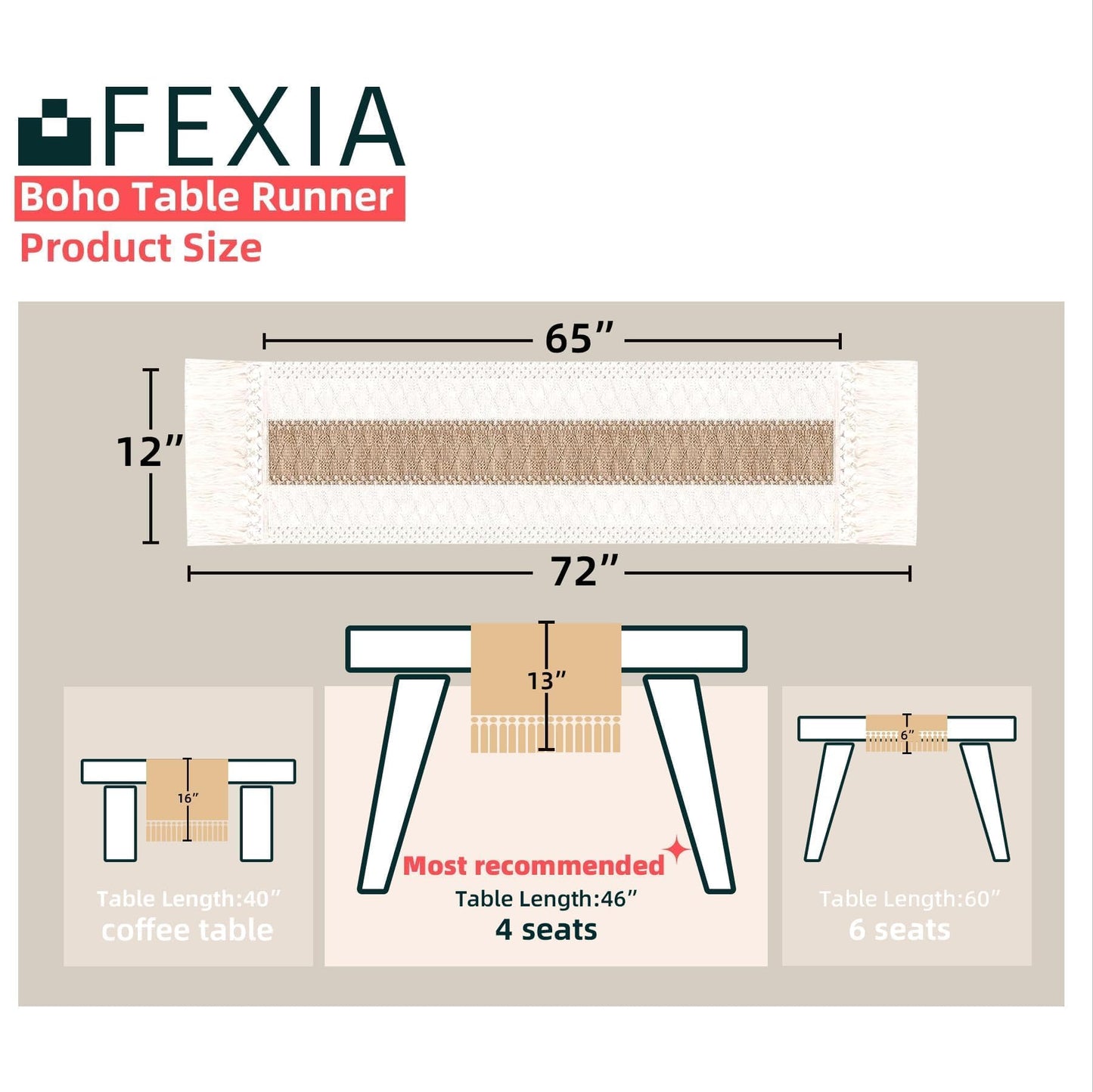FEXIA Boho Table Runner for Thanksgiving Fall Christmas Home Decor with Tassels 72 Inches Long Pottery barn Furniture Farmhouse Rustic Macrame Burlap Table Decoration for Living Room (12x72 Inches)
