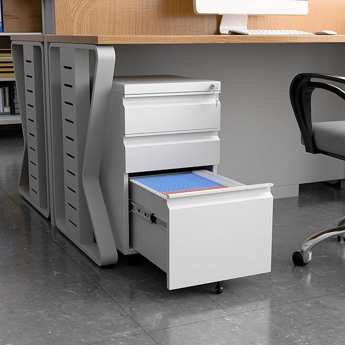 3 Drawer Mobile File Cabinet with Lock, Under Desk Metal Filing Cabinet for Office,Home,A4/Legal/Letter Size, Fully Assembled (White)